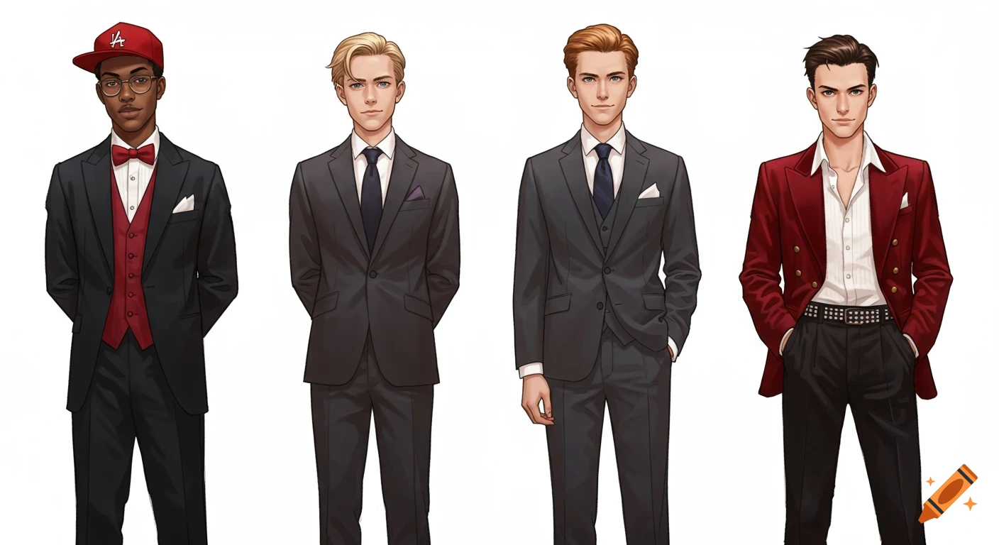 Four stylized young men in various suits and formal wear against a white background.