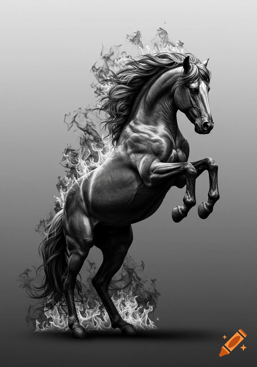 Monochrome image of a rearing stallion with its rear resembling flames.