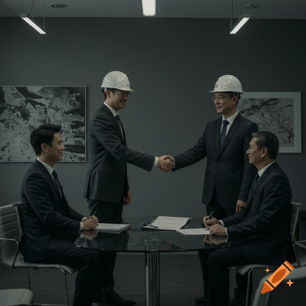 Four men in suits, two wearing hard hats, shaking hands across a glass table in a modern meeting room, photorealistic style.