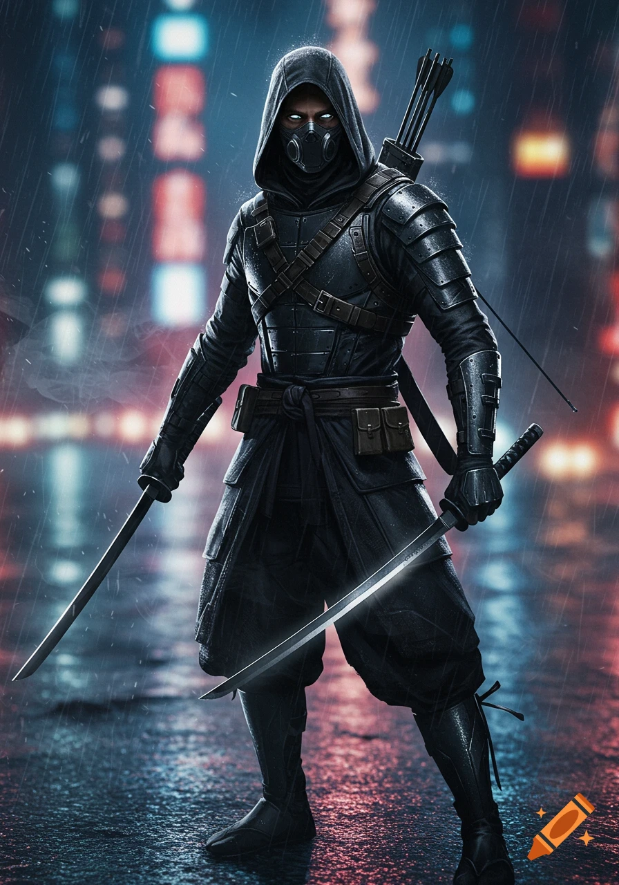 A masked, hooded ninja antihero with swords and a bow stands in the rain on a slick urban street at night, with neon reflections. Realistic, cinematic style.