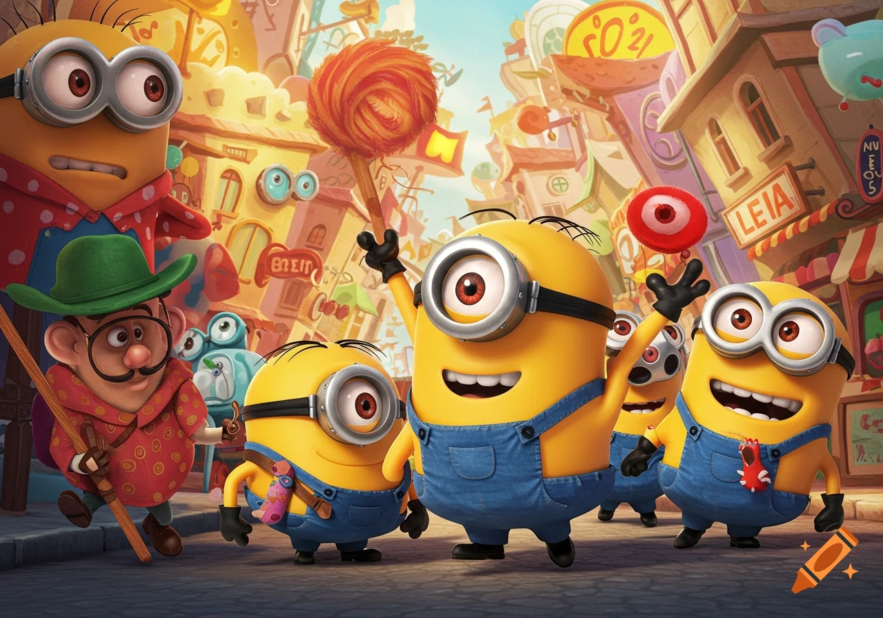 Cartoon Minion-like characters and a man with a mustache walk down a colorful, stylized street filled with buildings.