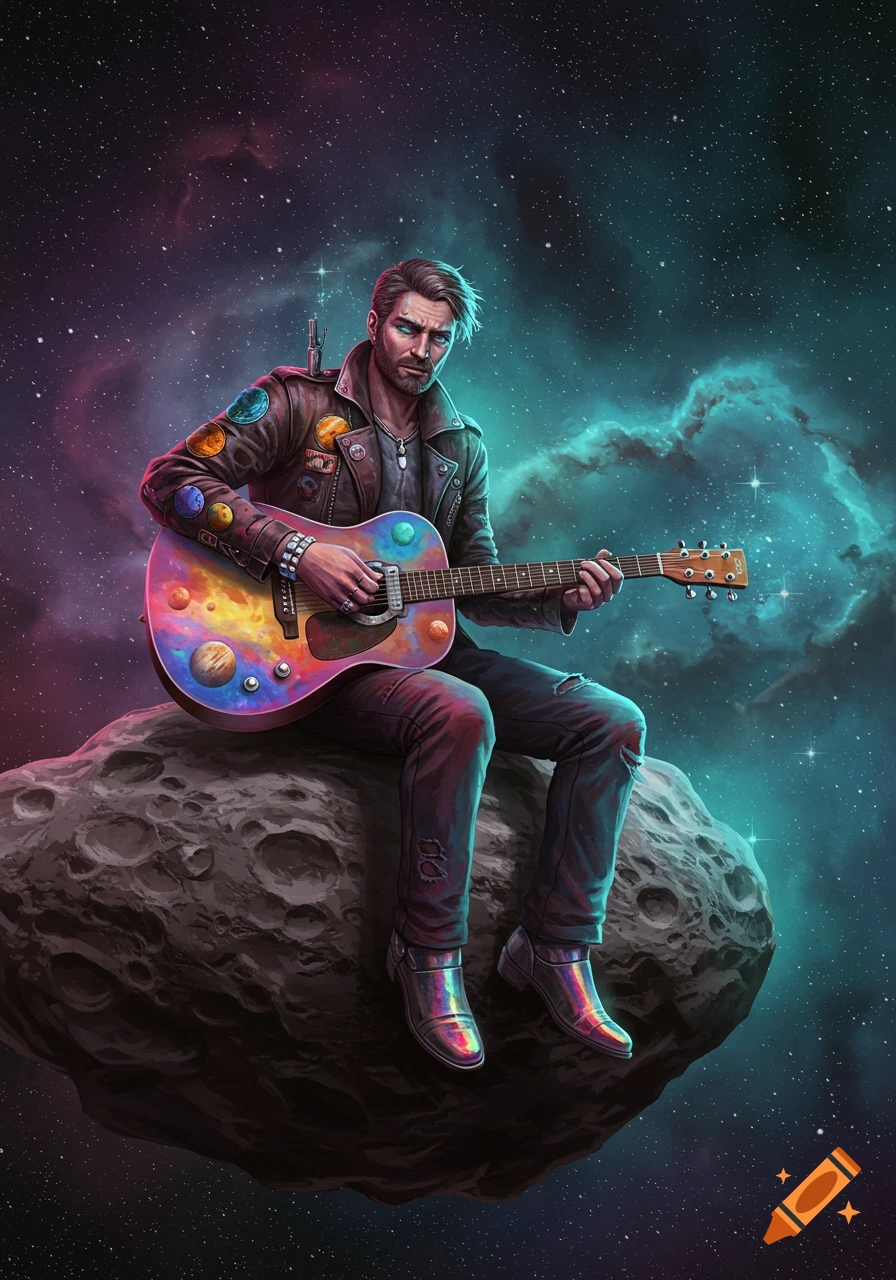 A man with a beard and leather jacket plays a colorful guitar while sitting on an asteroid in a vibrant, starry space nebula.