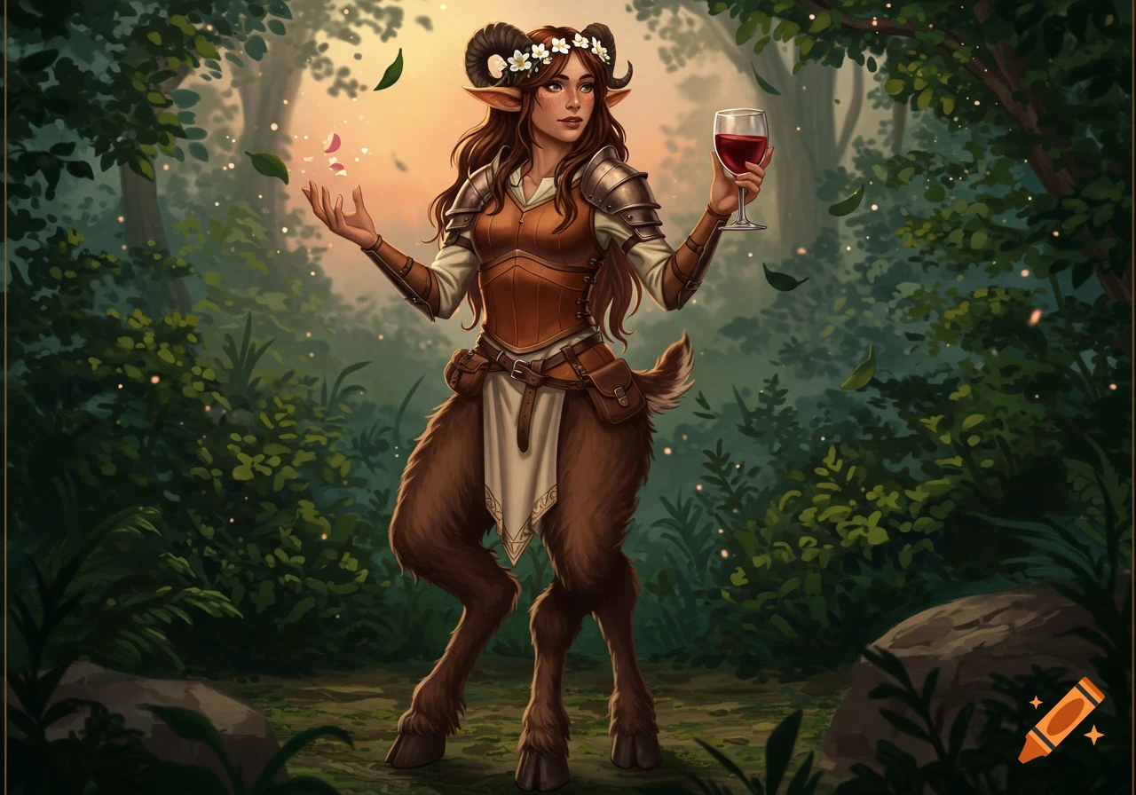 A realistic digital painting of a female faun with a flower crown and armor, holding a goblet of wine in a magical forest setting.