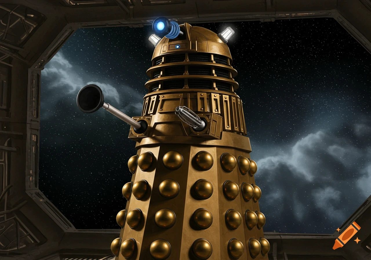 A gold Dalek with a plunger and eye stalk looking out a spaceship window at a starry night sky.