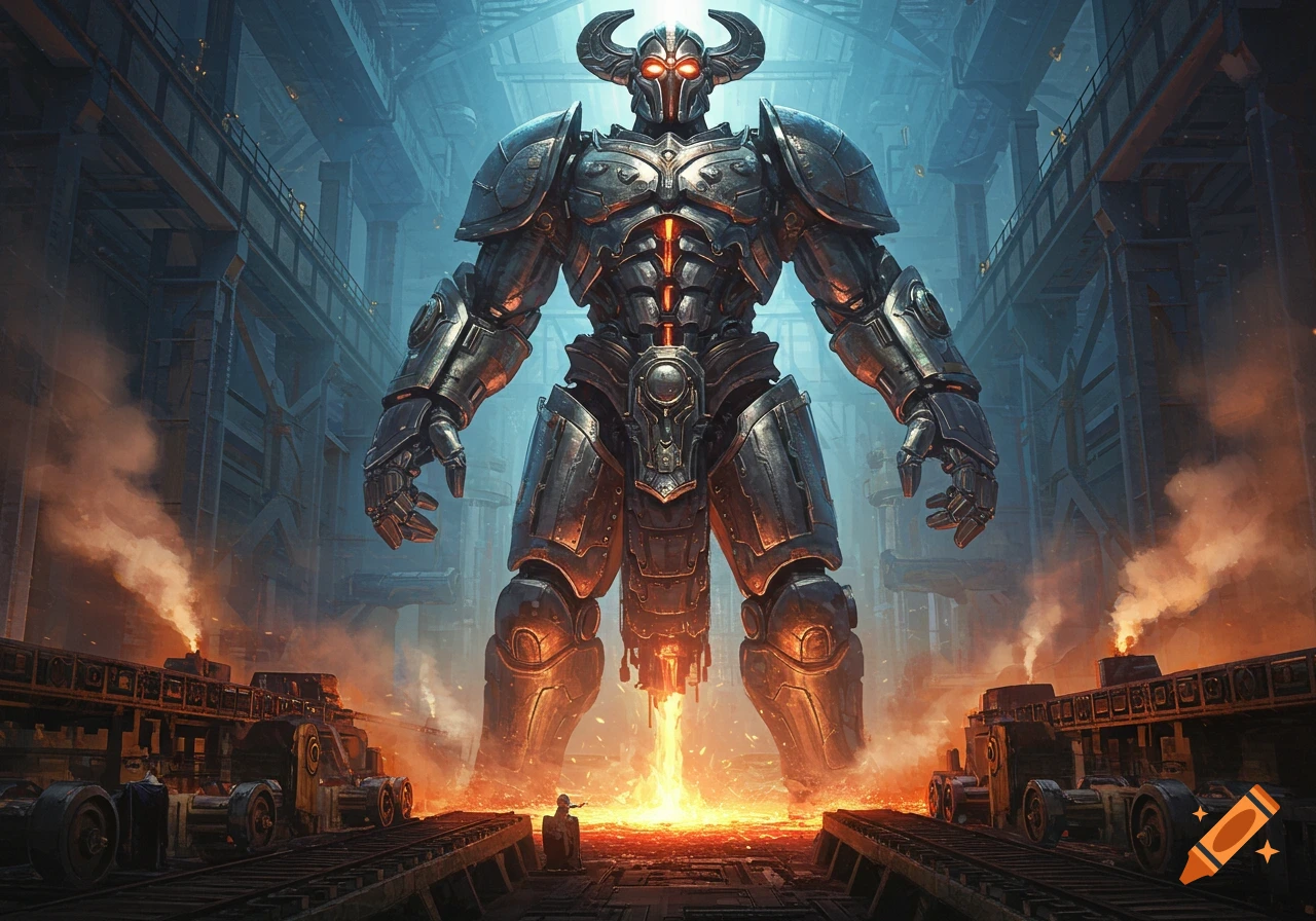 A towering armored mech with glowing red eyes and horns stands in an industrial factory filled with molten metal and smoke.