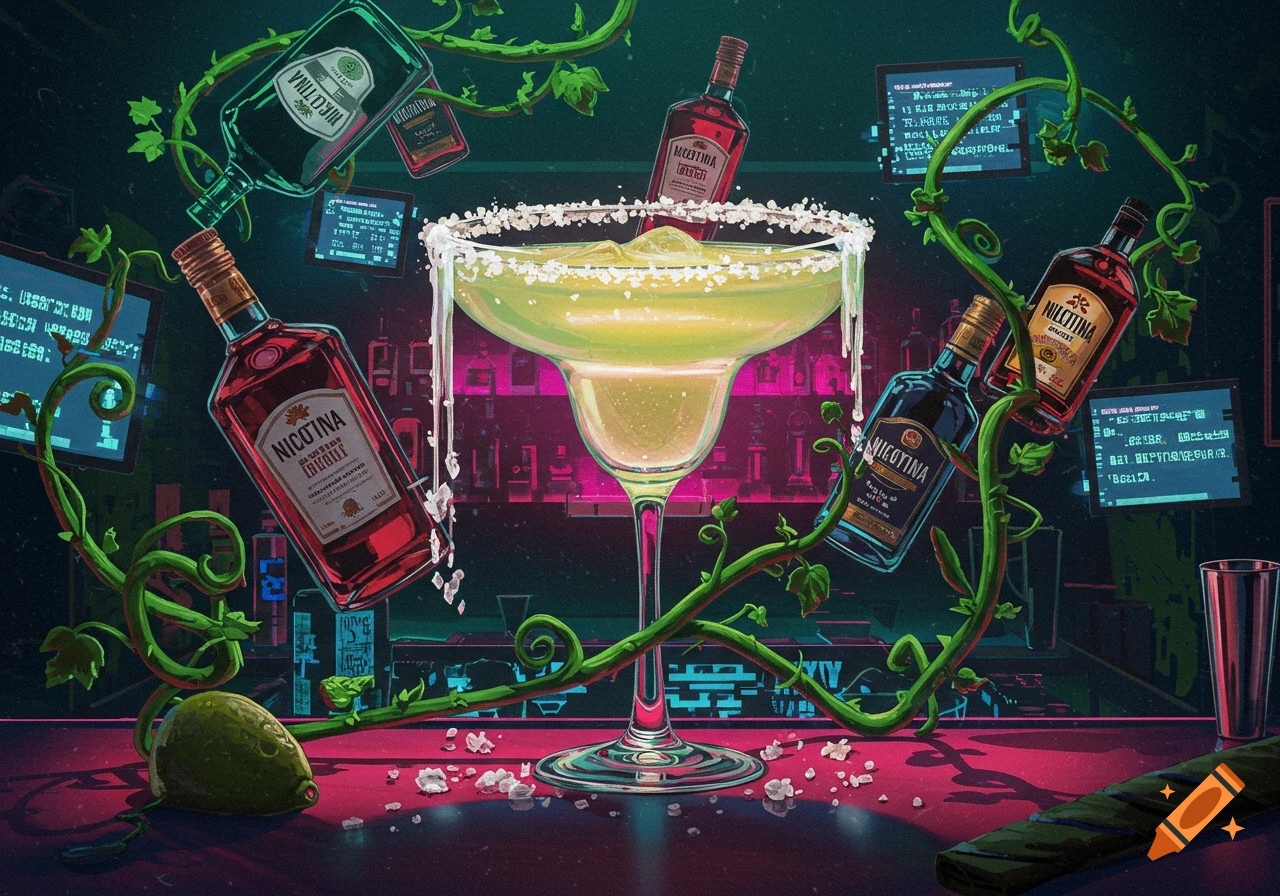 A stylized, glowing green margarita in a glass surrounded by liquor bottles labeled "NICOTINA" and neon green vines, set in a cyberpunk bar with glowing screens.