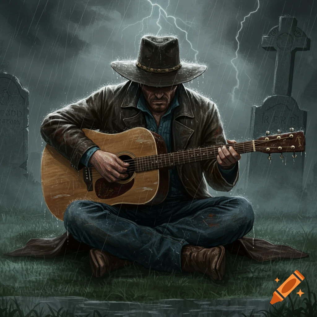 An outlaw in a cowboy hat and coat plays an acoustic guitar while sitting in a rainy cemetery with lightning in the dark sky.