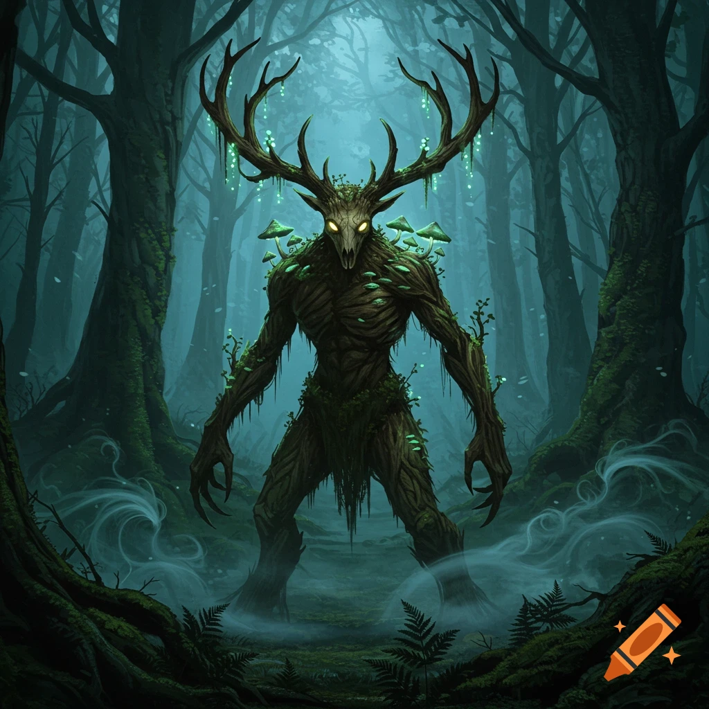 A dark fantasy forest demon made of wood and roots, with glowing eyes, large antlers, and mushrooms, stands in a misty forest.