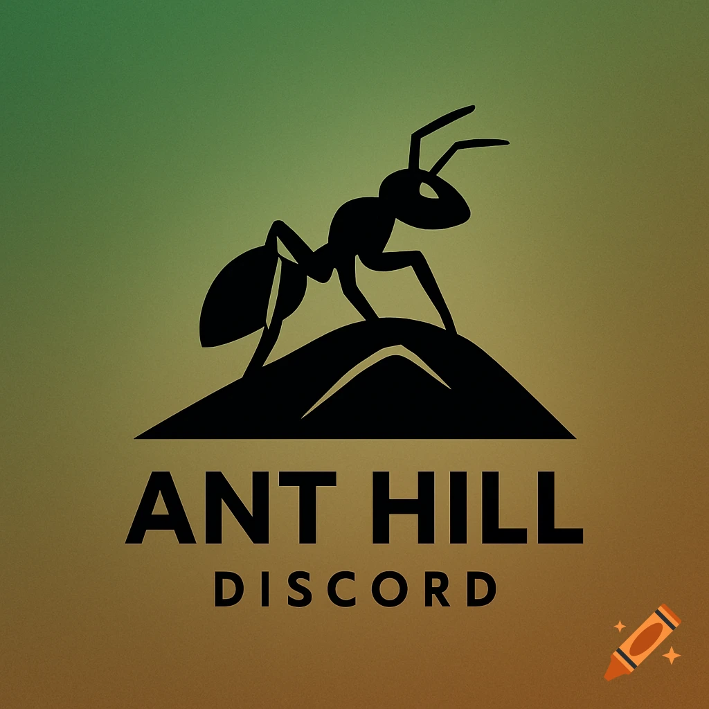 A black ant silhouette stands on an ant hill above the text 'ANT HILL DISCORD' on a green and brown gradient background.