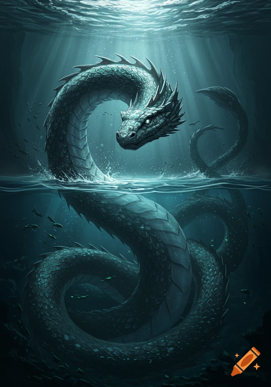 A large, scaled sea serpent with glowing eyes emerges from dark ocean water, its coiled body visible below the surface, illuminated by light rays.