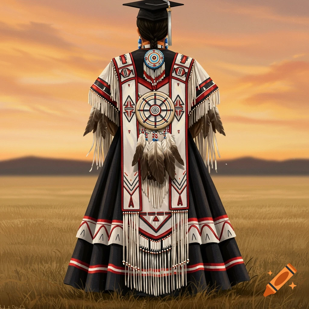 Person from behind wearing a graduation cap and a Blackfoot-inspired dress with medicine wheel and feathers in a field at sunset.