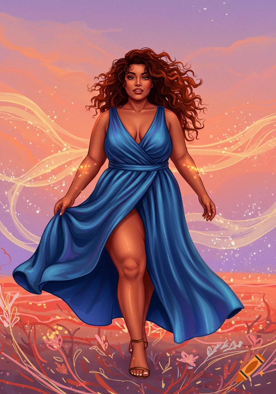 An illustration of a plus-size woman with curly brown hair in a blue high-slit dress, walking in a vibrant, ethereal landscape.