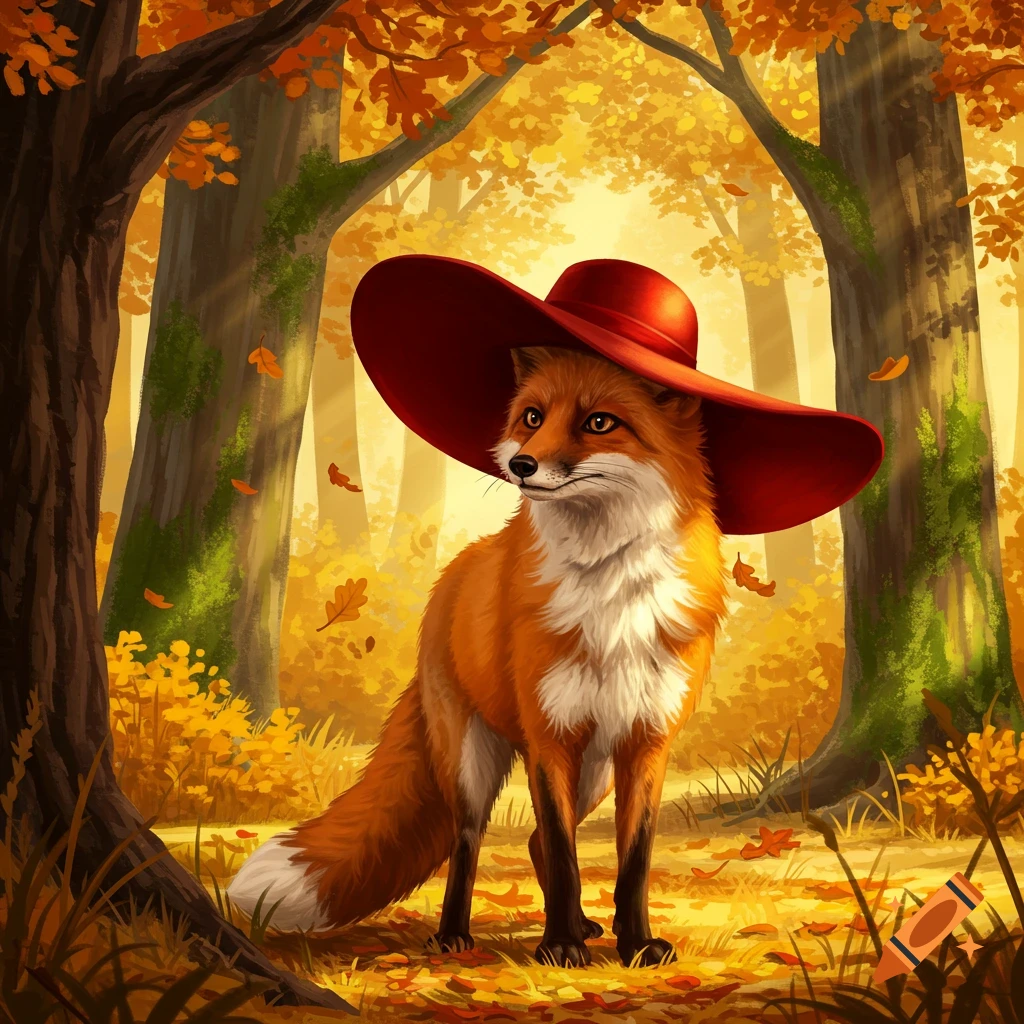 A whimsical fox wearing a wide-brimmed red hat stands in a vibrant autumn forest with golden leaves.