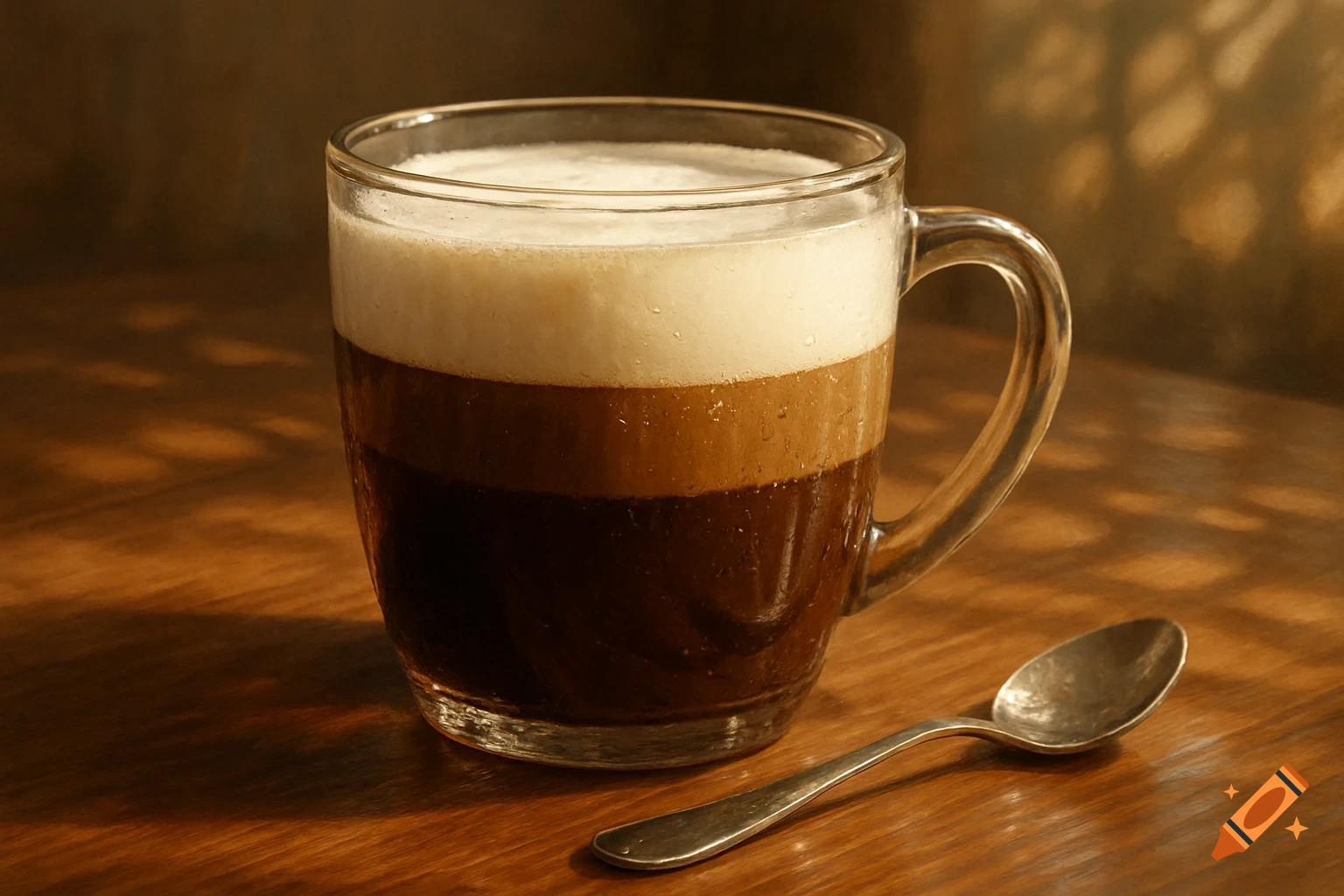 A clear glass mug filled with layered coffee (foam, light, dark) sits on a wooden table next to a spoon, bathed in dappled sunlight.
