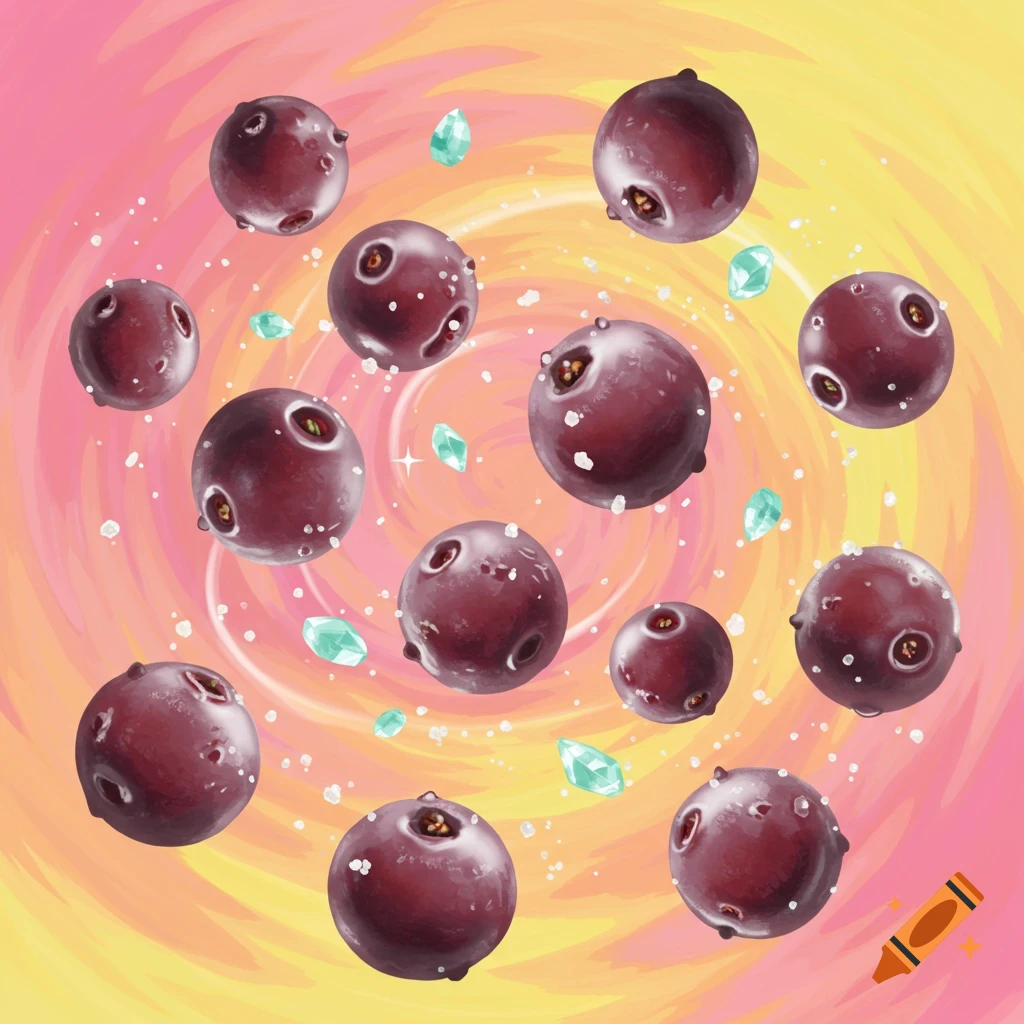 Dark red berry-like spheres and turquoise crystals swirl on a vibrant pink, yellow, and orange background in a digital painting.