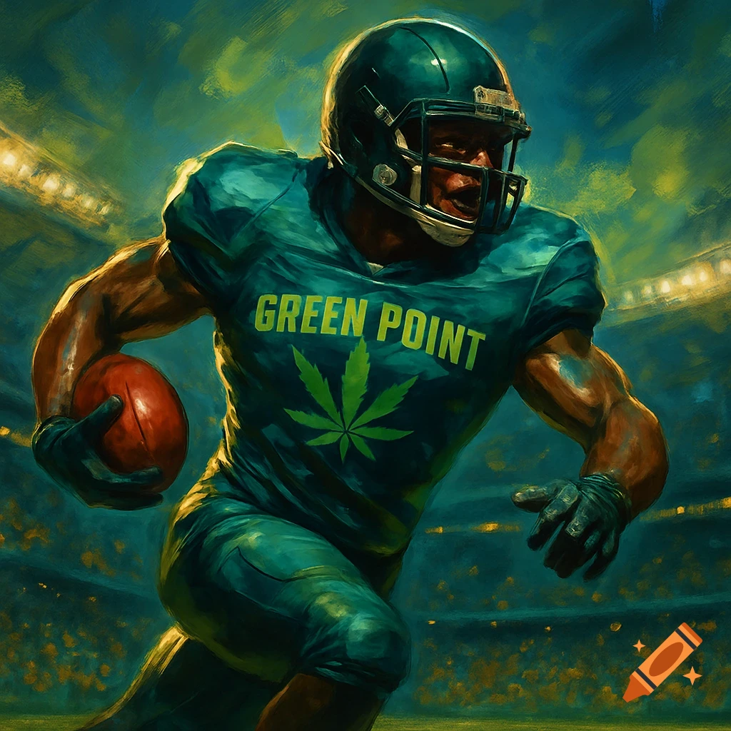 A stylized painting of a muscular football player in a teal jersey with 'GREEN POINT' and a cannabis leaf, running with a football in a stadium.