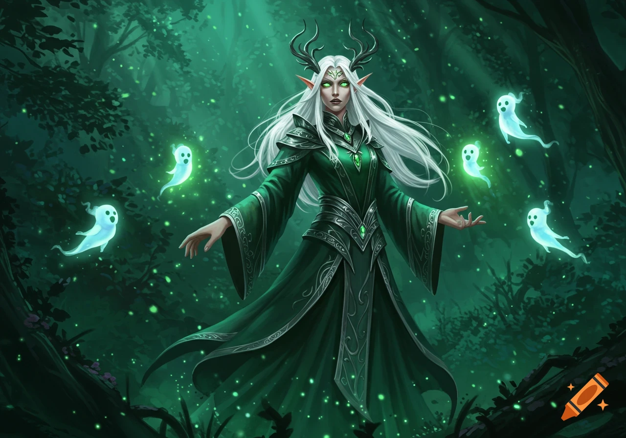 White-haired elf mage in green robes with antlers and green eyes, surrounded by glowing blue spirits in a dark, mystical forest.