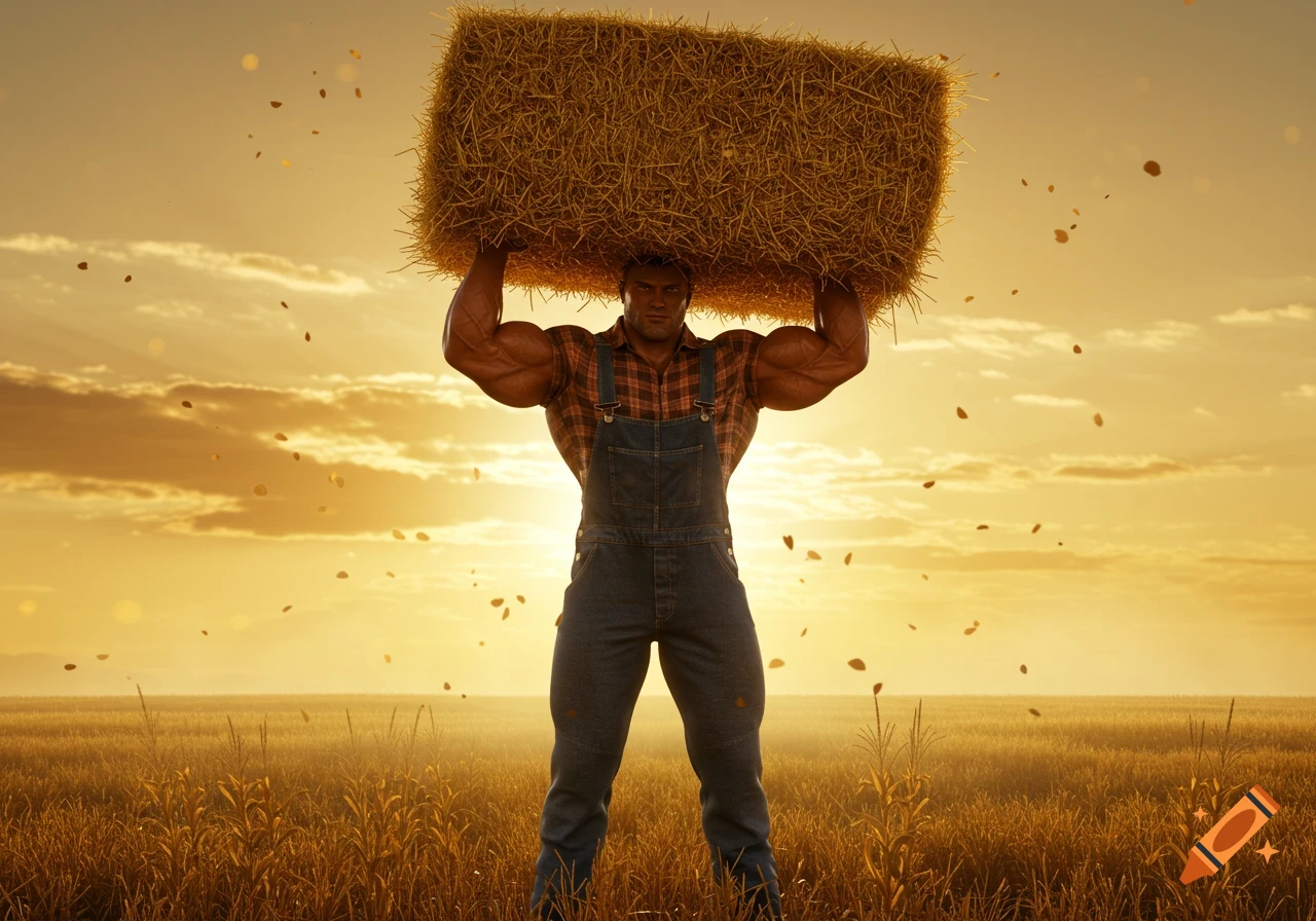 A very muscular farmer in overalls carries a large hay bale on his shoulders in a golden field at sunset.