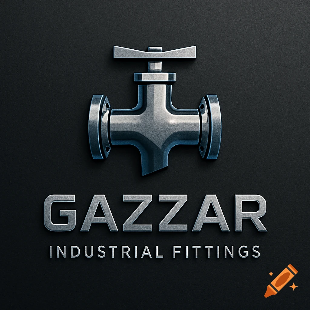 3D metallic logo for Gazzar Industrial Fittings, featuring a stylized industrial valve on a dark textured background.