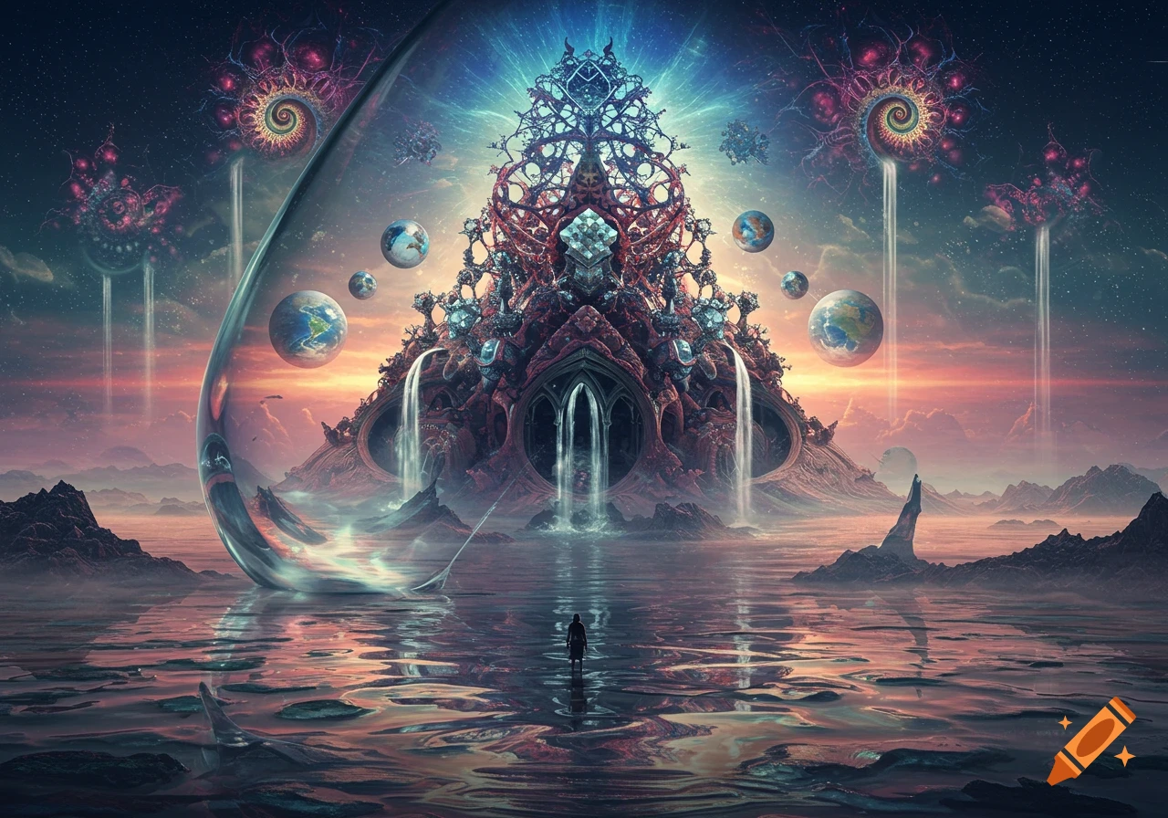 A colossal, intricate structure of glowing synapses and gothic arches rises from a liquid chrome ocean under a sky of fractals. Planets float around it, and gravity-defying waterfalls flow from it. A lone figure stands in the foreground, facing the structure in this cosmic, surreal landscape.