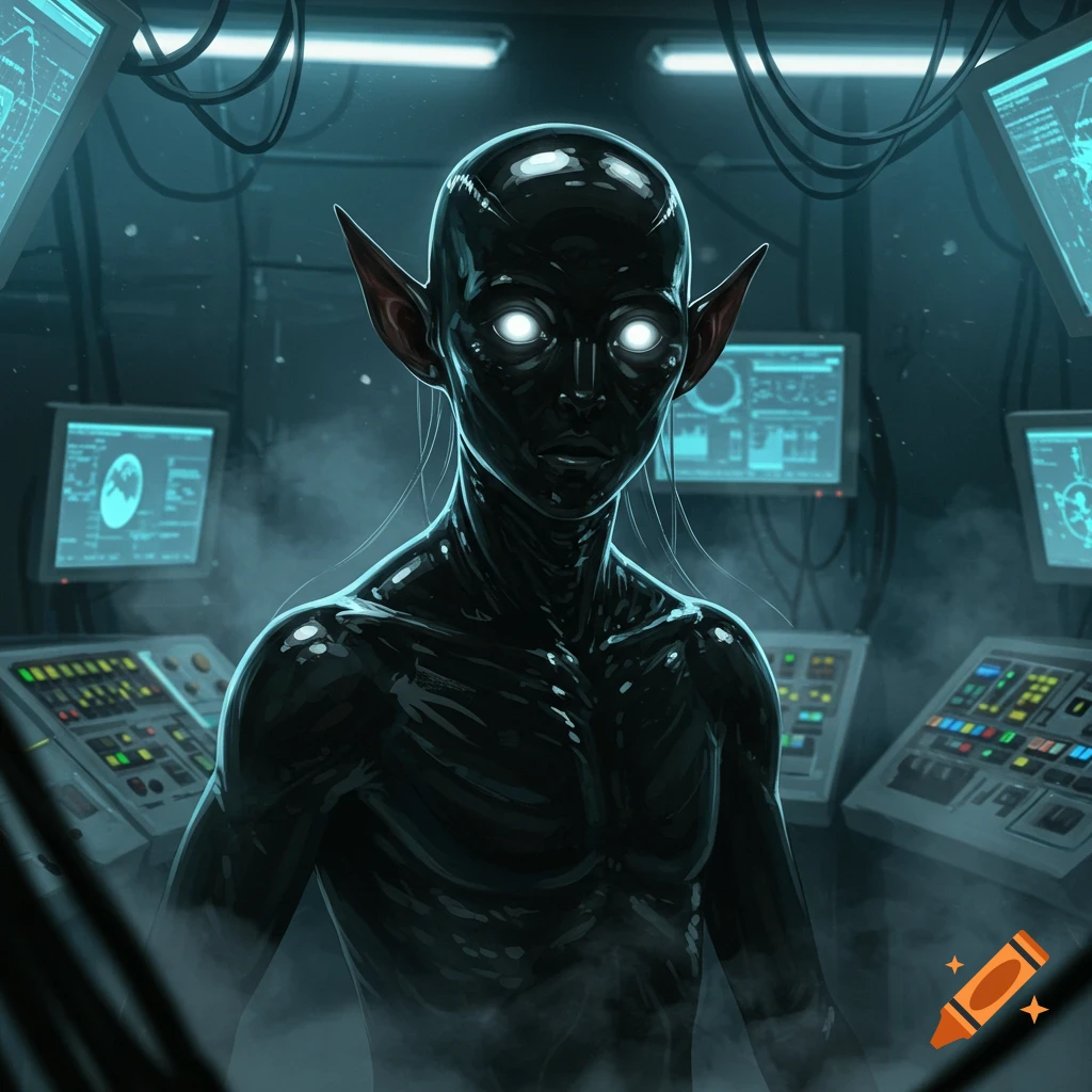 A dark, glossy humanoid creature with glowing white eyes and pointed ears stands in a futuristic control room surrounded by monitors.