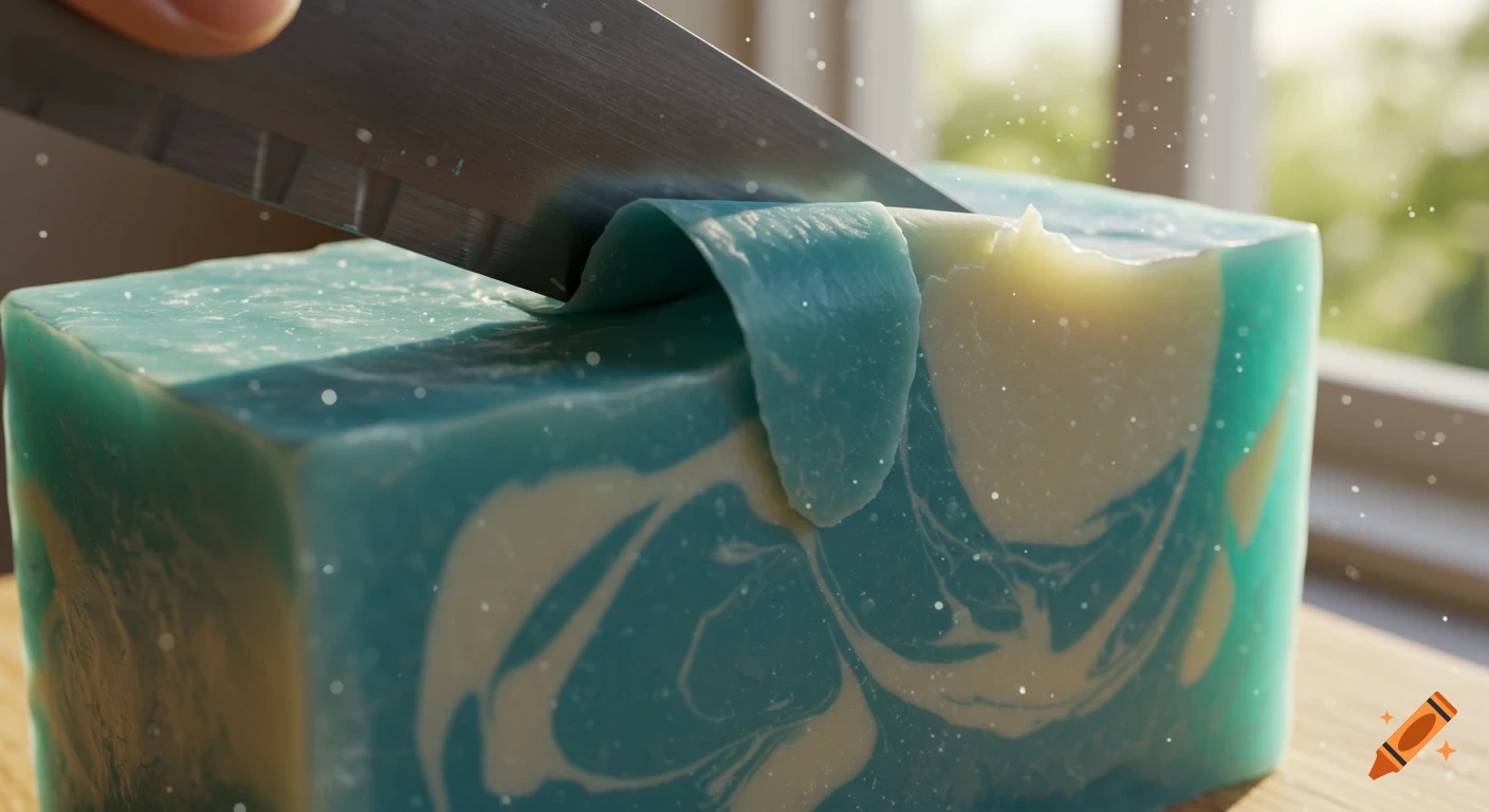 A sharp knife shaves a curl from a marbled blue and white artisan soap bar, with light particles in the air.