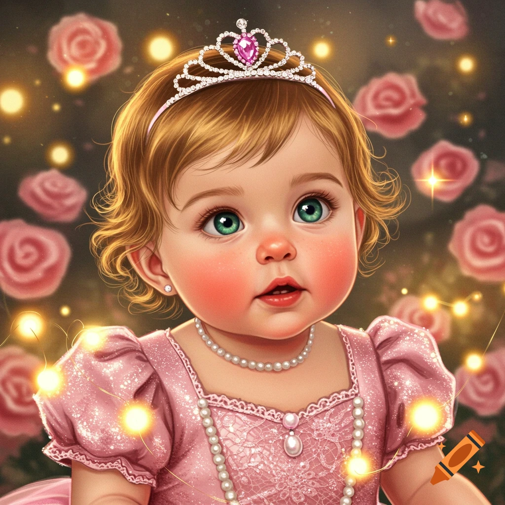 Closeup of a cute baby wearing a pink princess dress, tiara, and pearl necklace, surrounded by soft pink roses and glowing lights.