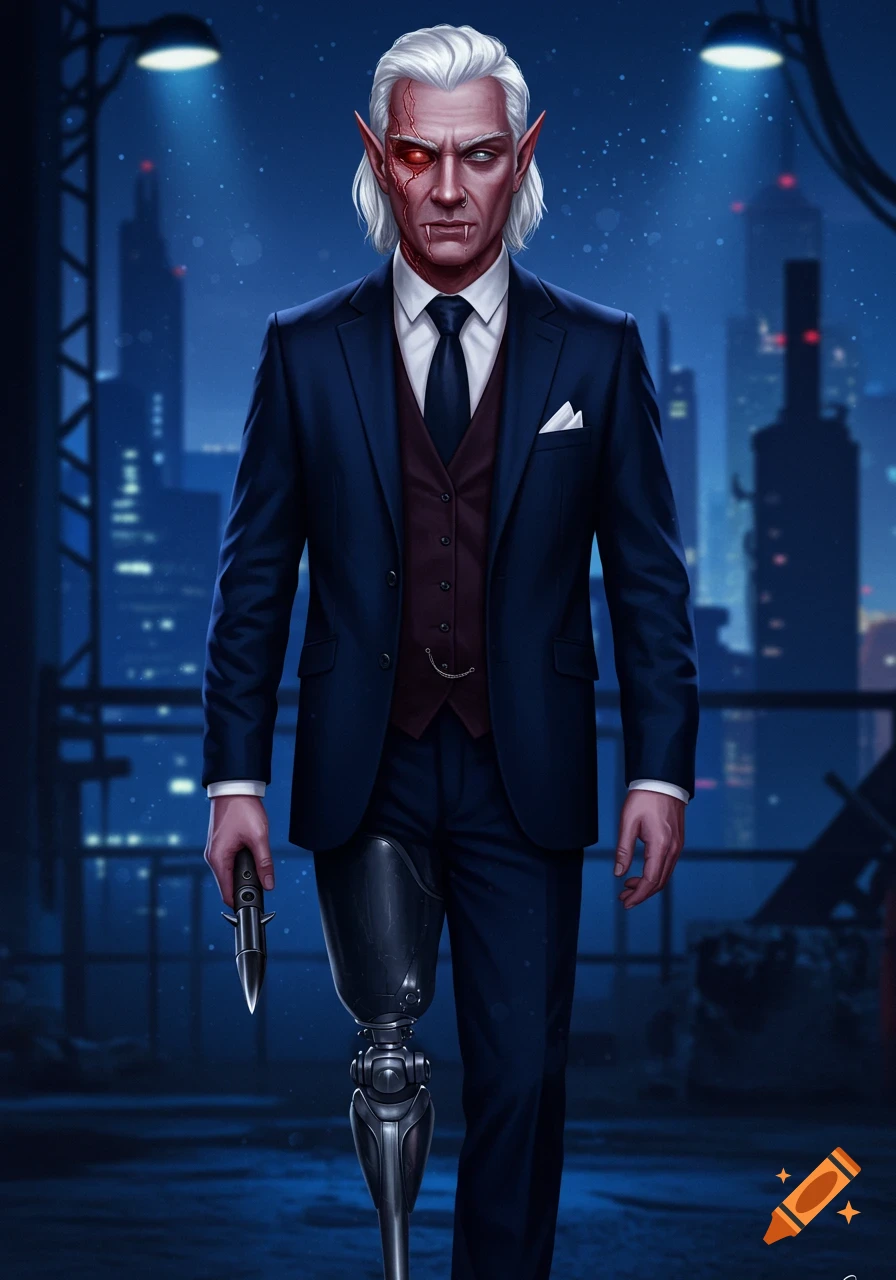 A white-haired man with elf ears, fangs, a facial scar, and a robotic leg, wearing a suit and holding a dagger, in a dark urban setting.