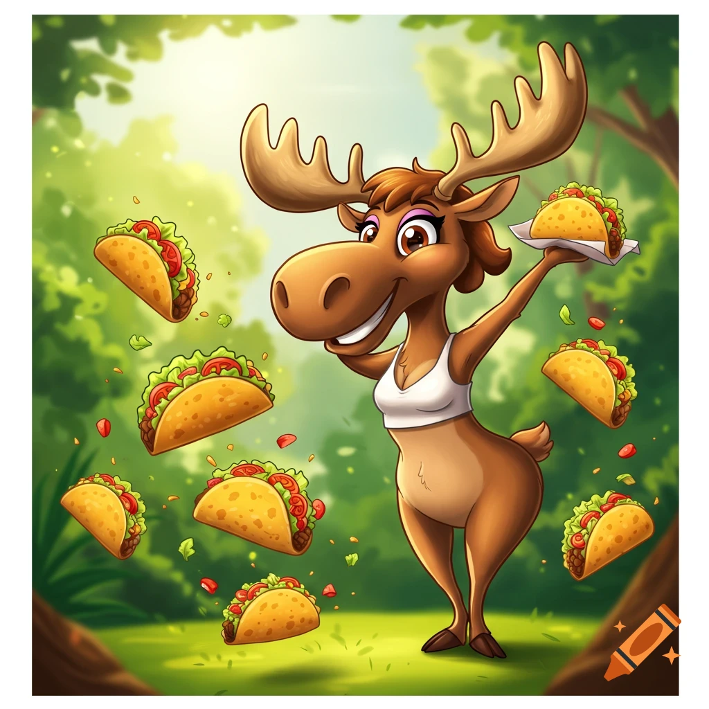 A smiling cartoon lady moose in a forest, holding one taco and surrounded by many falling tacos. Colorful illustration.