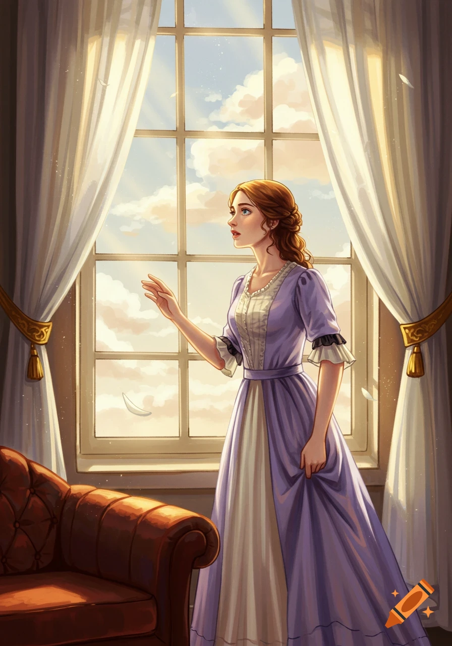 Illustrated woman in a purple dress looking out a sunlit window with flowing curtains and a brown sofa.