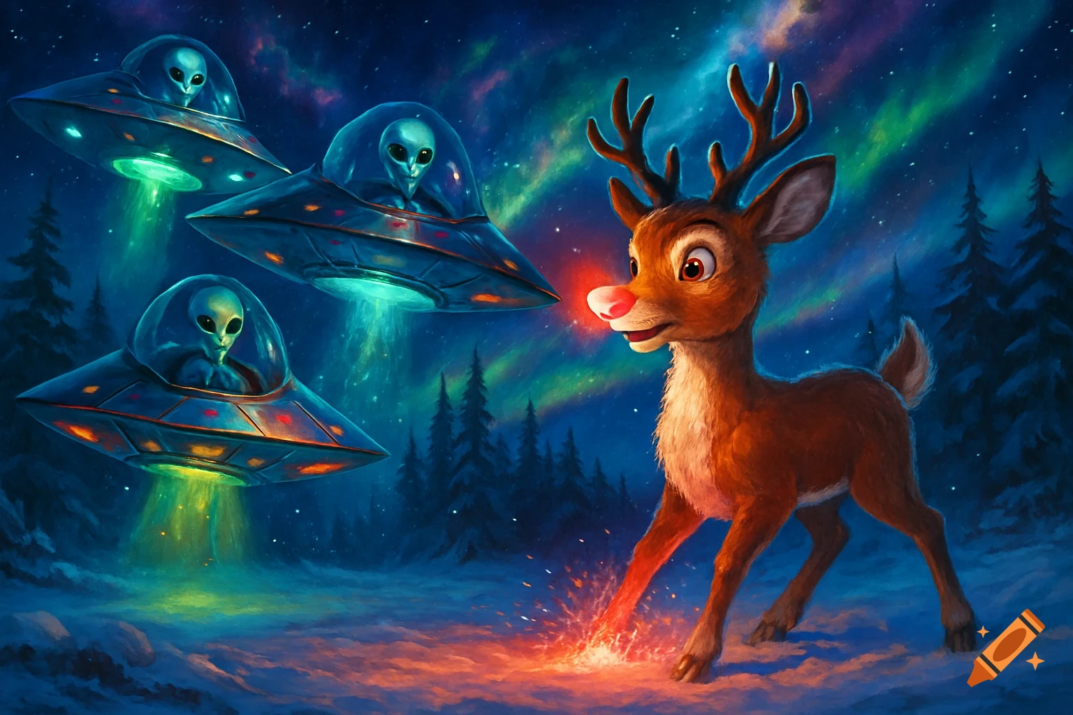 Rudolph the Red-Nosed Reindeer looks at three UFOs piloted by aliens in a snowy forest under the Northern Lights.