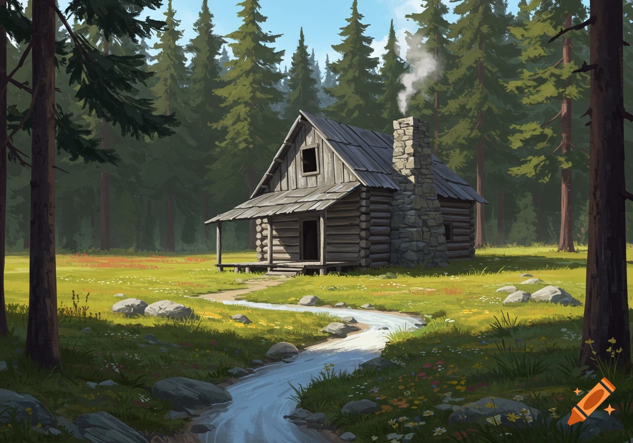A rustic log cabin with a stone chimney sits in a sunlit meadow, surrounded by a dense forest and a winding stream.