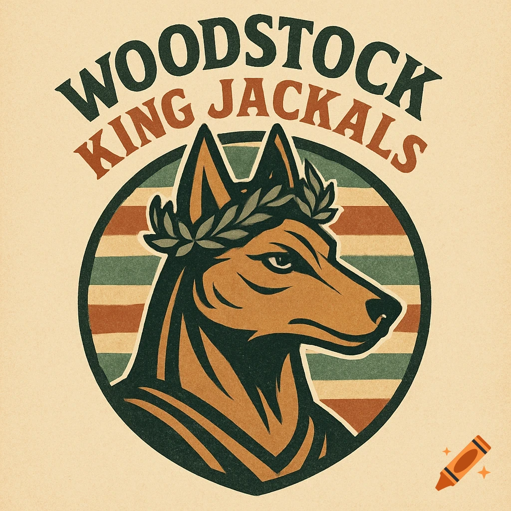Retro logo for 'Woodstock King Jackals' with a profile of a jackal wearing a laurel wreath, set against a striped background.