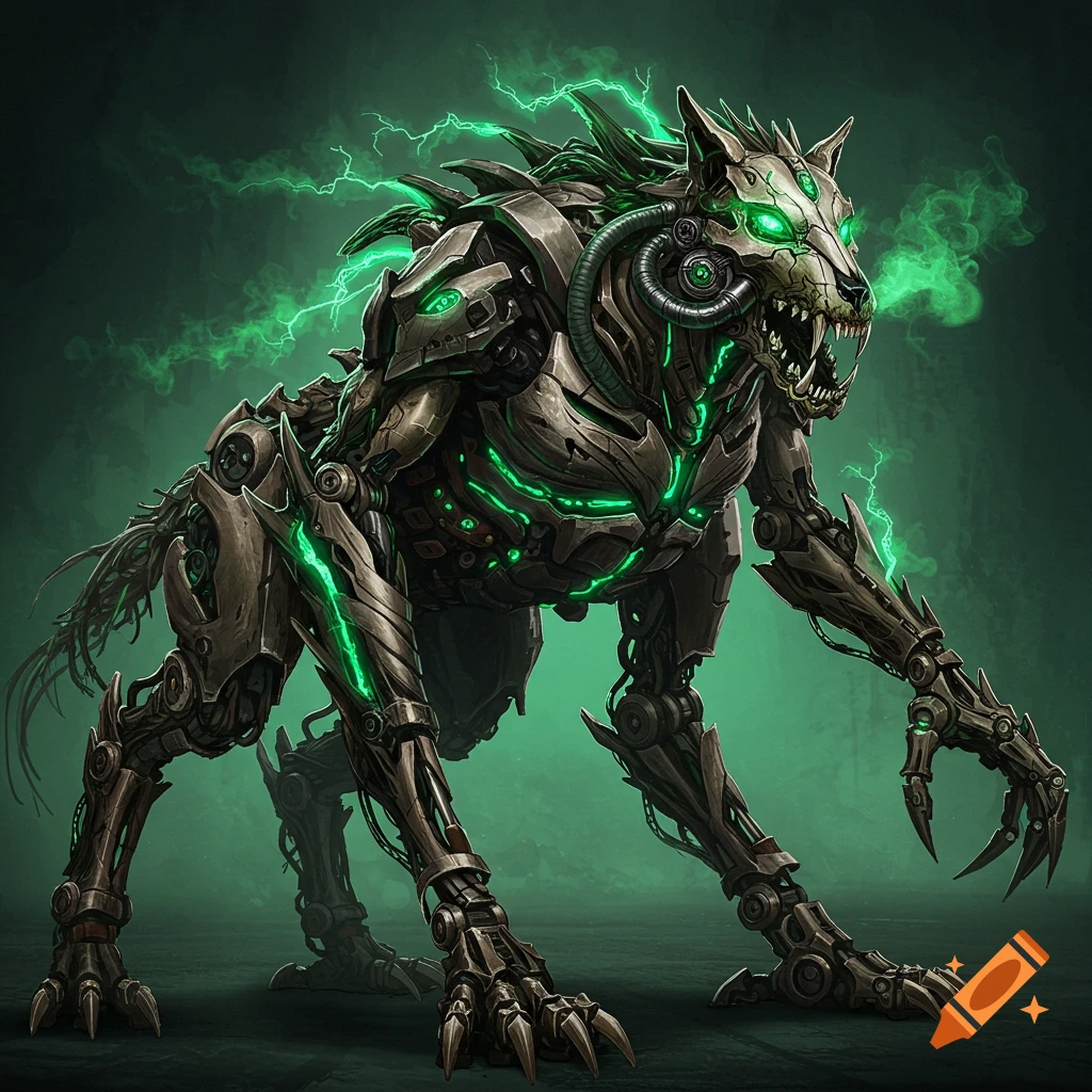 A biomechanical dire wolf creature with glowing green eyes and energy stands against a dark green background.
