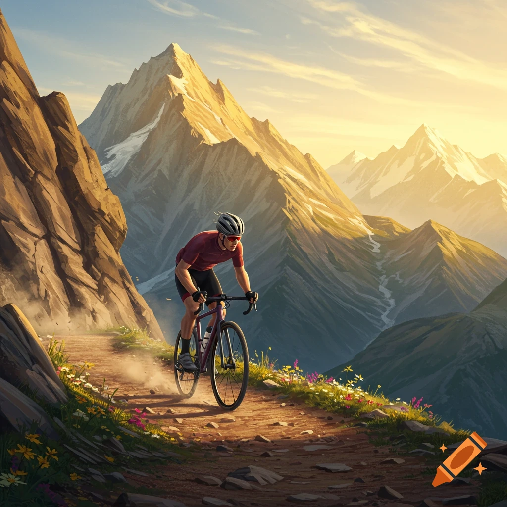A man cycles on a dirt mountain path surrounded by majestic peaks and wildflowers under a clear sky.