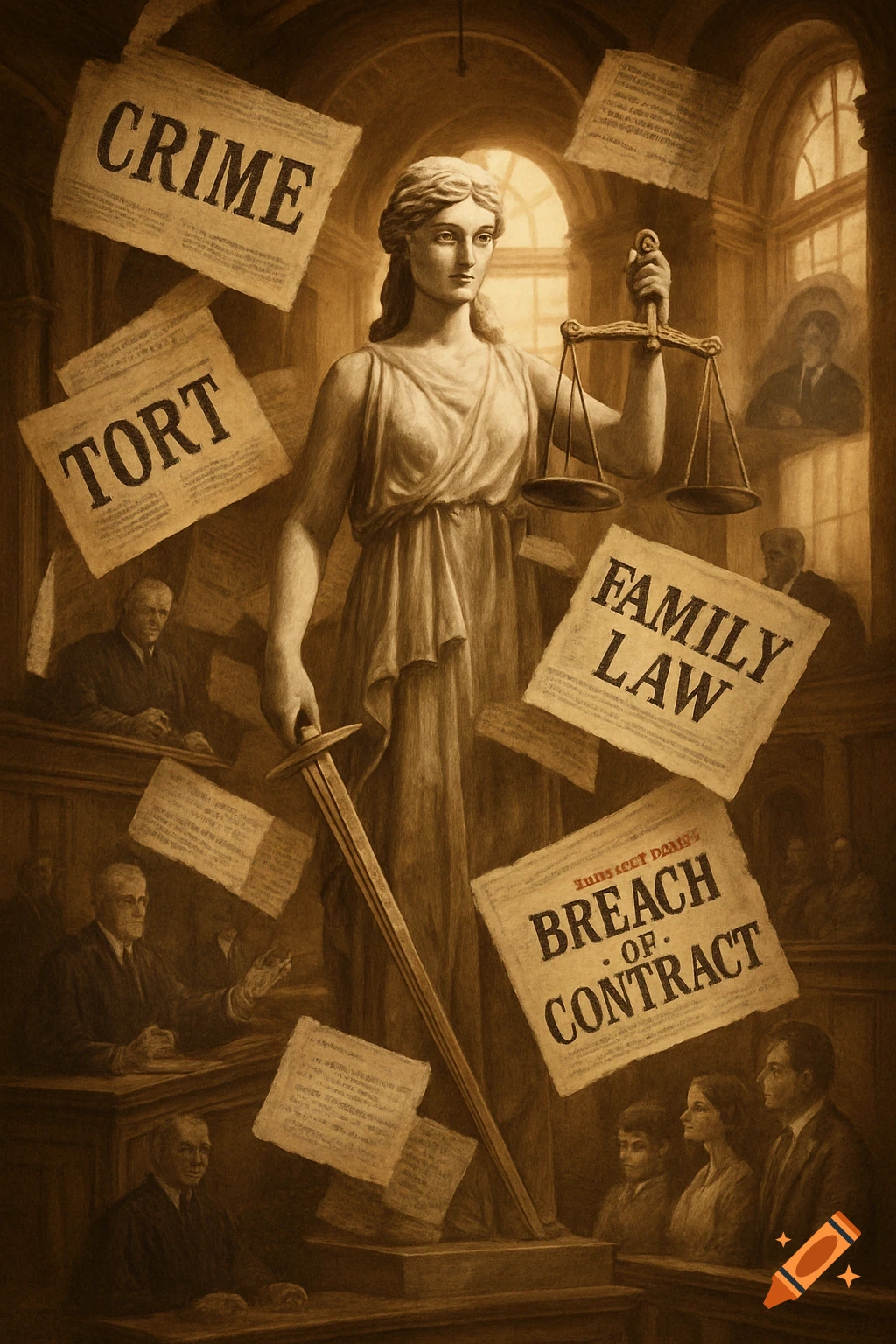 A sepia-toned illustration of Lady Justice with scales and a sword, surrounded by floating legal papers in a courtroom.