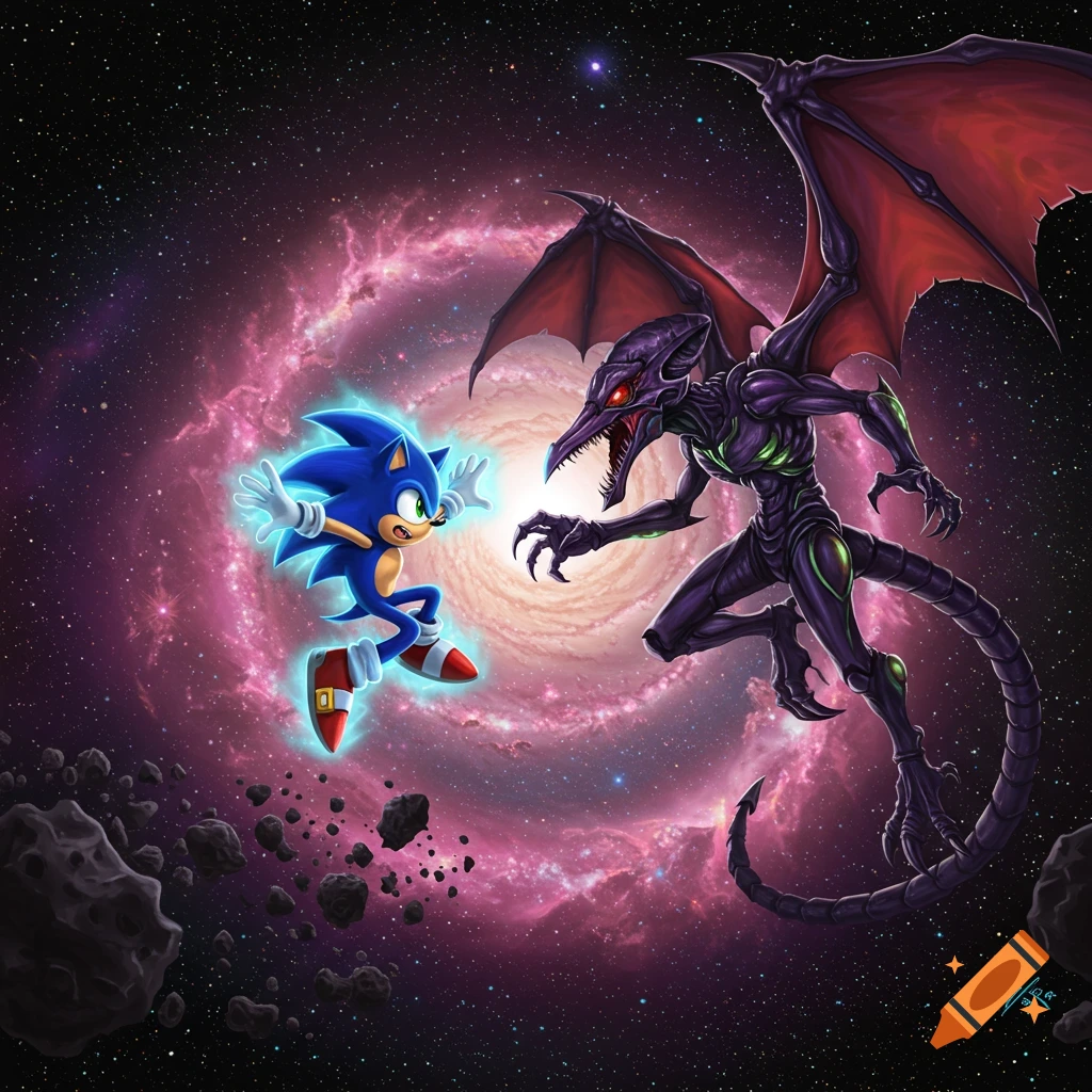Sonic the Hedgehog confronts Ridley from Metroid in a vibrant purple galaxy filled with asteroids, digital illustration.