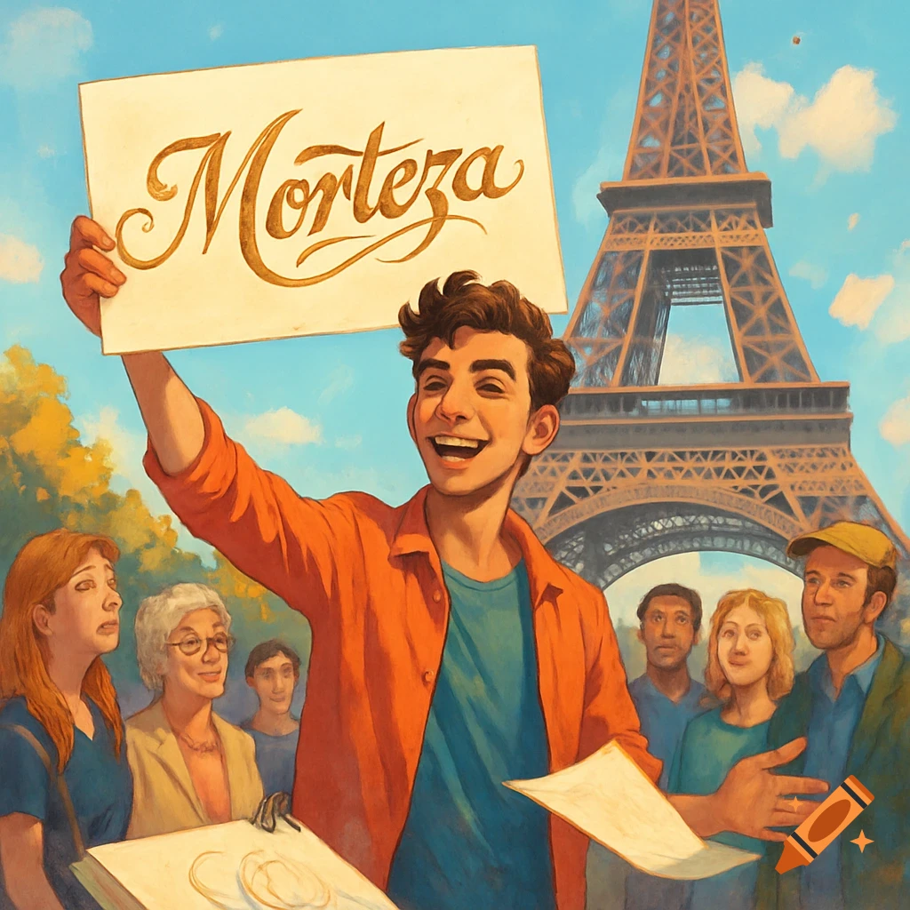 A young man smiles, holding a 'Morteza' sign in front of the Eiffel Tower, surrounded by people, in a stylized illustration.