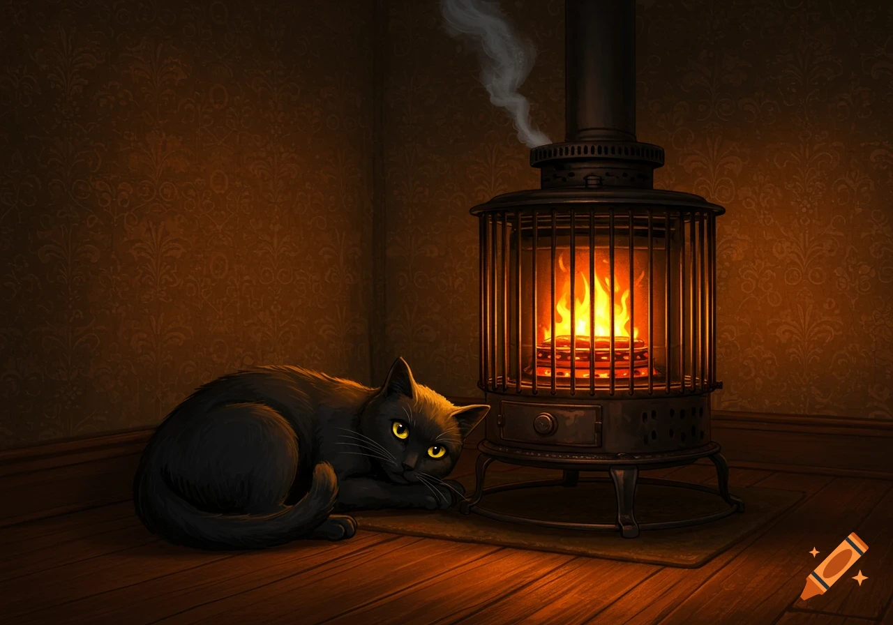 A black cat with glowing yellow eyes curled up beside a warm, crackling pot belly heater in a dimly lit, cozy room. Illustration.