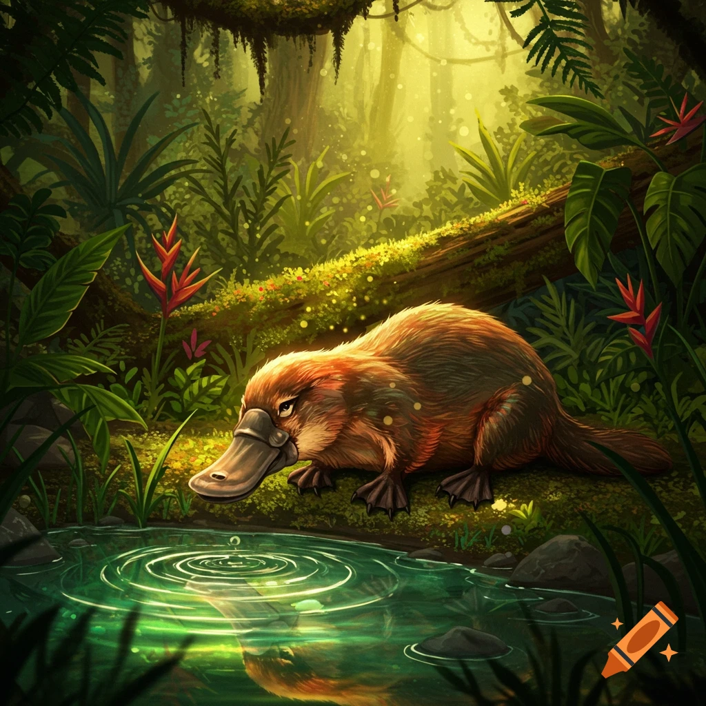 An illustrated platypus sips from a glowing green pond in a lush, sunlit jungle.