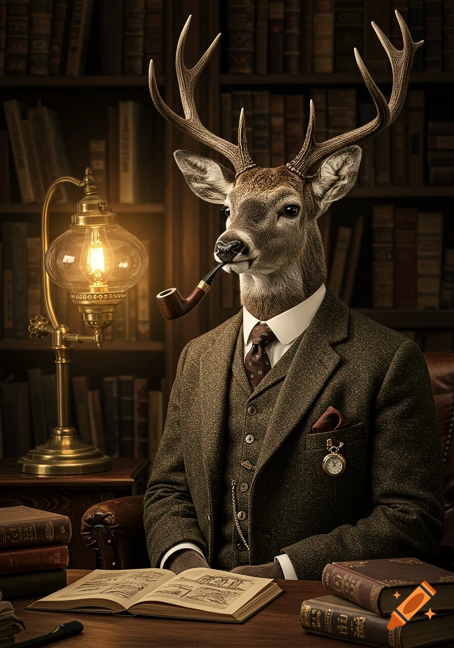 A photorealistic portrait of a deer with antlers, dressed in a tweed suit, smoking a pipe while sitting at a library desk with an open book and lamp.