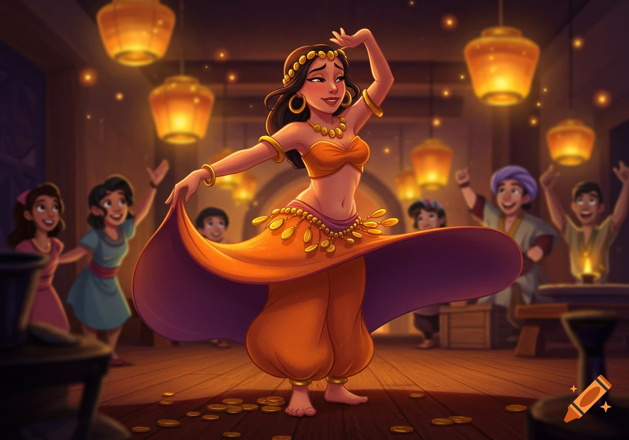An animated woman belly dances in a golden outfit, holding her flowing skirt, surrounded by cheering friends in a lantern-lit room.