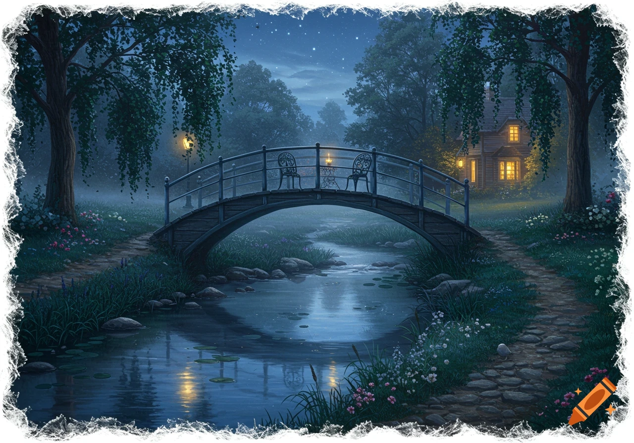 A dream-like night scene with a stone bridge over a misty river, two chairs, and a warm, glowing house in the moonlit forest.