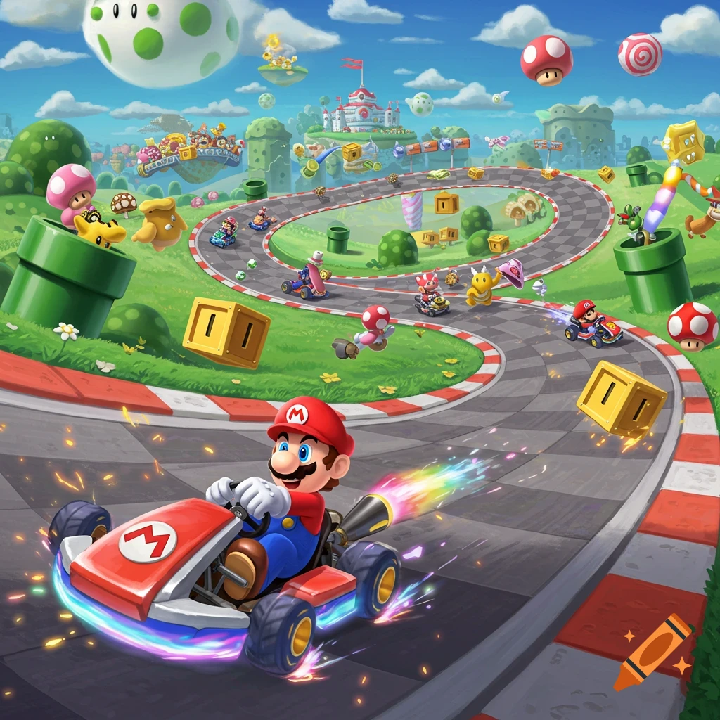 Mario races his kart on a vibrant, colorful track with other characters, iconic items, and a castle in the background, in the style of Mario Kart.