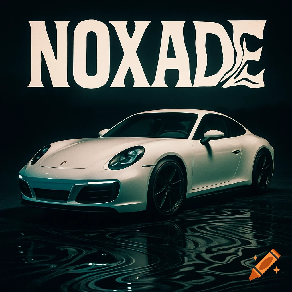 A sleek white sports car parked on a dark, wavy reflective surface, with the distorted word 'NOXADE' floating above it.