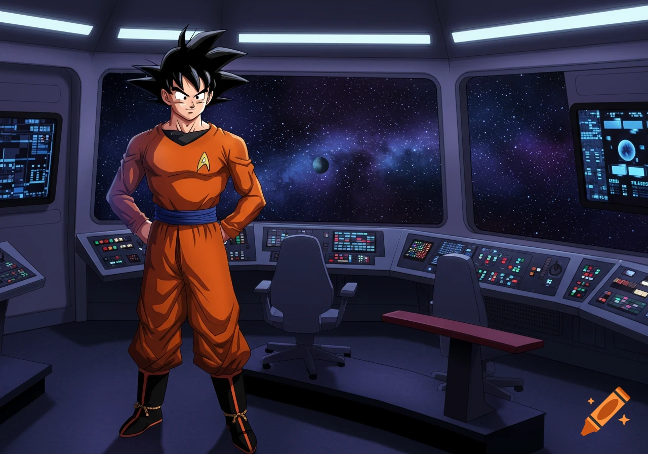 Goku in a Starfleet uniform stands on the bridge of a spaceship, looking out at space.