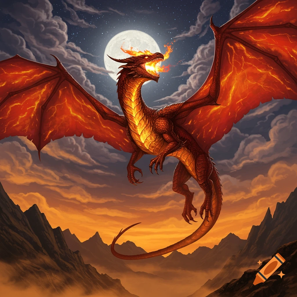 A majestic red dragon with glowing chest and fiery wings breathes fire while flying in a starry night sky with a full moon over mountains.