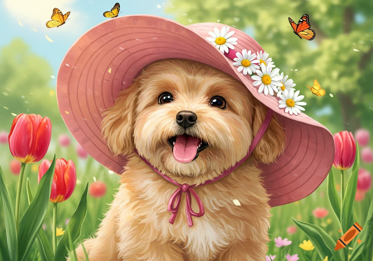 A cute, fluffy dog in a pink daisy hat smiles in a field of red tulips with butterflies, digital art.