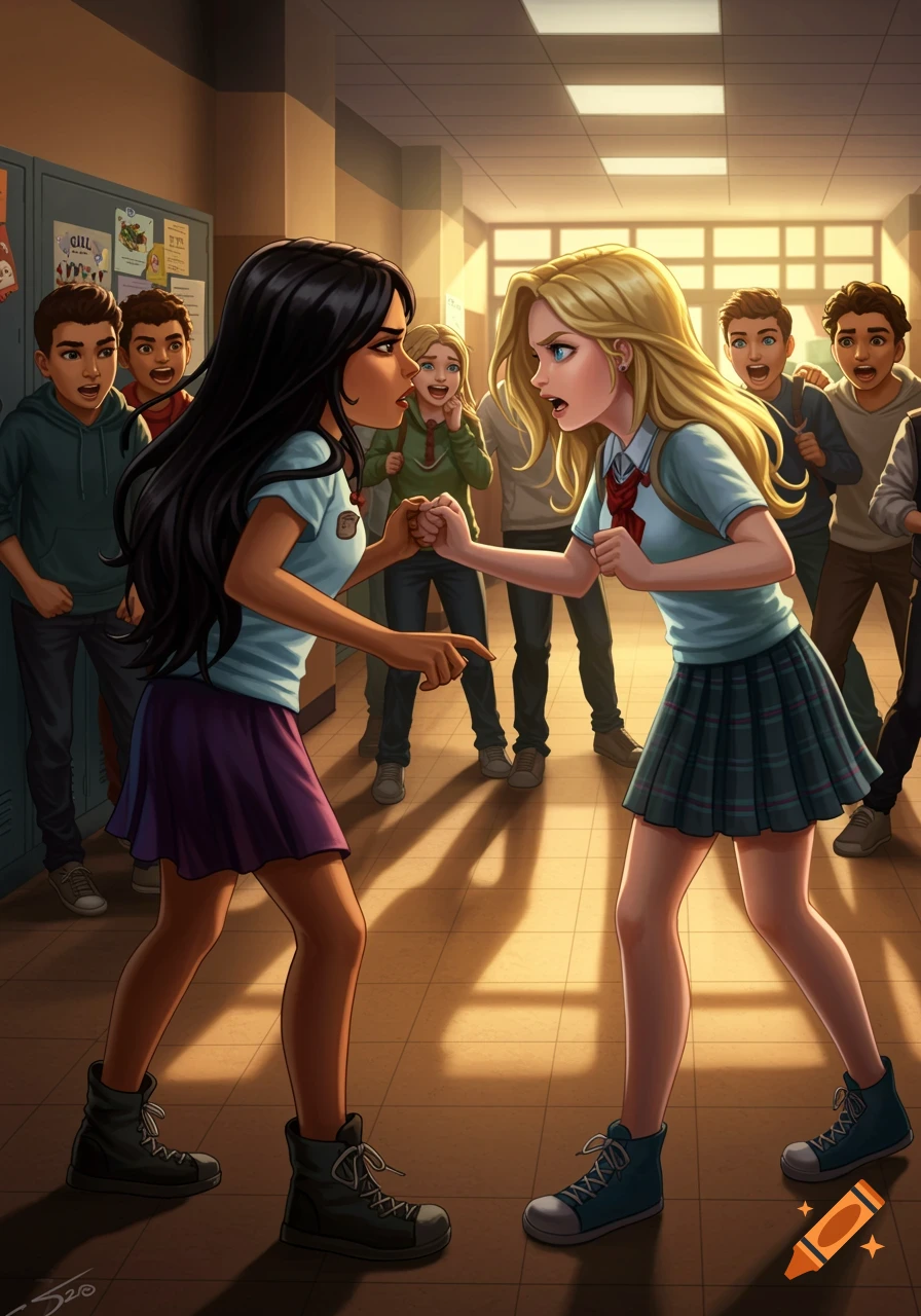 Two angry girls are about to fight in a school hallway, surrounded by other students watching. Cartoon style.