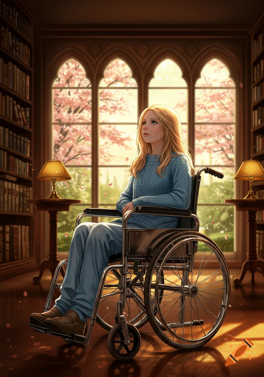 A blonde woman in a blue sweater sits in a wheelchair in a sunlit library, looking out large arched windows at cherry blossom trees. Illustrative style.